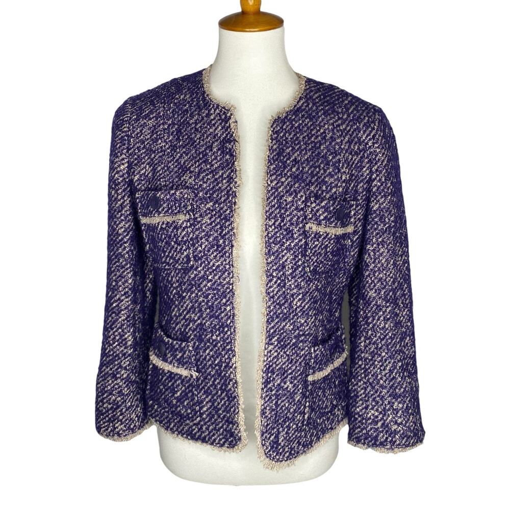 Talbots Boucle Tweed Blazer Blue Fringe Trim Open Jacket Size 8P Jackie O Preppy